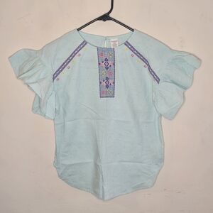 Arizona Jean Co Boho Peasant Top Girls Size XL 16 Aqua Embroidered